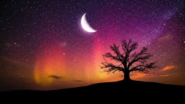 A breathtaking night sky unfolds with a mesmerizing display of countless shimmering stars and a luminous crescent moon. Vivid celestial hues of deep purple, mystical pink, and fiery orange gradient ac