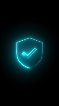 secure system verification icon animation,neon shield security icon on dark background,glowing shield with check mark cybersecurity concept,