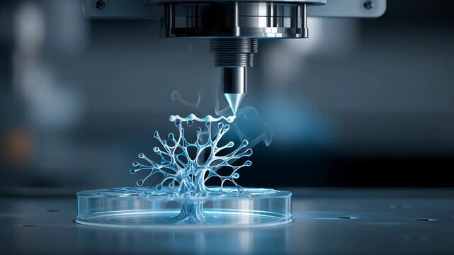 Medical additive manufacturing concept, advanced 3d printer creating biological structure, clean and minimal background, biotech visual for commercial use