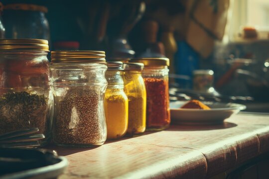 At dawn, a sunny kitchen counter showcases a lined array of jars filled with spices and herbs, inviting culinary creativity and warmth