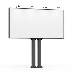Fototapeta premium Large Rectangular Billboard With Two Dark Gray Support Poles And Four Top Lights Featuring A Blank White Display Surface Isolated White Background