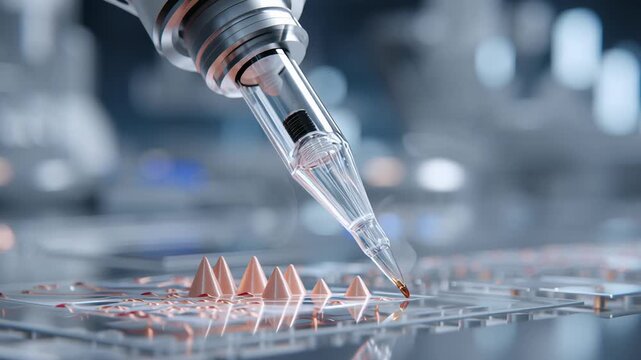 A syringe is being used to inject a substance into a clear plastic container. Next-generation medical printing concept, precision medical fabrication, clean composition, futuristic healthcare 