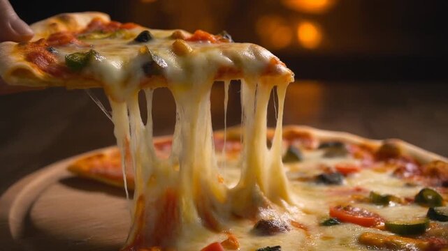  Flatbread Pizza with Vegetables and Melted Cheese being Pulled,  Warm Lighting