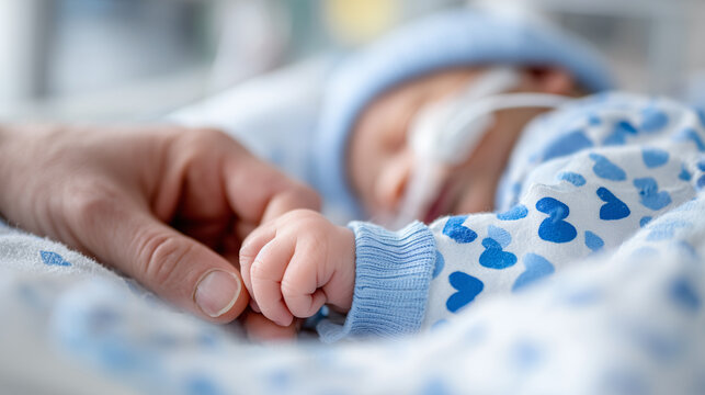 Close up of a premature baby gently holding an adult&rsquo;s finger in a hospital.