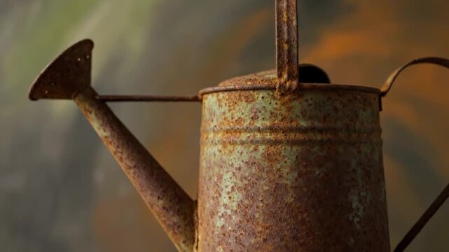 A captivating close-up reveals the intricate texture of a heavily rusted vintage metal watering can, its surface a mosaic of green patina and rich orange-brown decay. This detailed shot evokes a sense