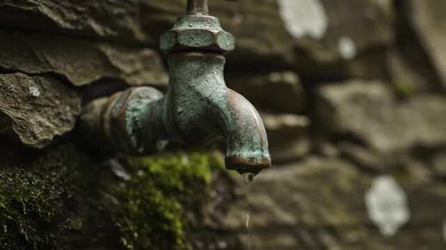 A captivating close-up shot reveals a single, pristine drop of water clinging to the spout of an aged, verdigris-covered brass faucet. The rustic tap is securely mounted on a textured stone wall, whic