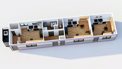 Modular container house and office unit floor plan interior 3D render © Ahmad