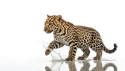 Obraz premium Majestic Leopard Walking Gracefully on White Background.
