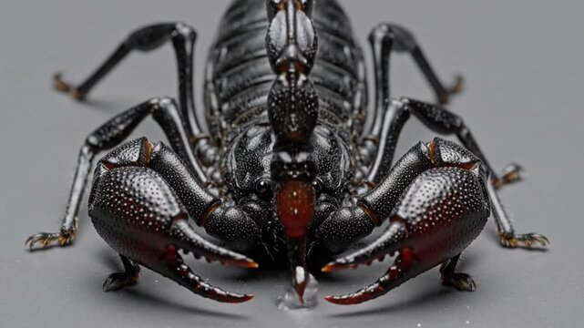 A scorpion preparing to sting, front view of its detailed body structure and pincers on a gray surface.