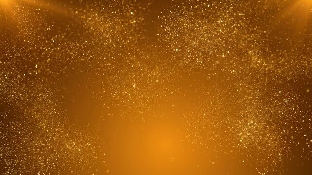 A golden background features floating particles. Glowing specs illuminate a radiant amber hue