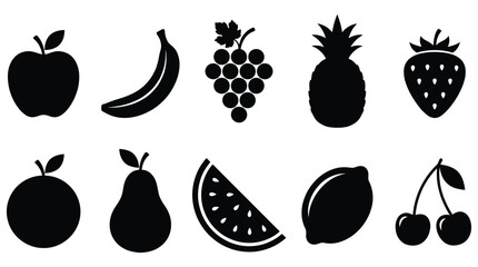 Black fruit icons apple banana grapes pineapple strawberry plum watermelon lemon cherries © NoobCreaTion
