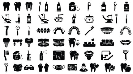 Obraz premium Dental care icons set including teeth toothbrushes and dental equipment