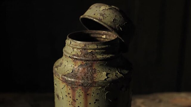 A close-up, high-angle shot captures a weathered and heavily corroded metal container, featuring peeling olive green paint and prominent rust streaks, set against a dramatically dark, out-of-focus bac