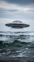 Futuristic ufo hovering over ocean waves with dramatic cloudy sky and reflective water splashing