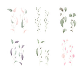 A collection of six delicate watercolor leaf illustrations showcasing varying green, pink, gray, and purple hues.