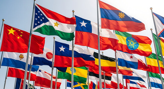 International world flags waving together in bright sunlight
