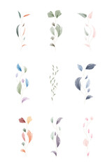 Fototapeta premium A collection of nine hand painted watercolor leaf sprigs displayed on a bright white background. Each delicate botanical element features soft, natural colors perfect for invitations or decorations.