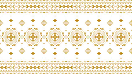 Seamless, traditional tribal pattern in gold, featuring geometric designs and cultural ornaments. Ideal for fashion fabrics, gift wrapping paper, stationery, and decorative surfaces.