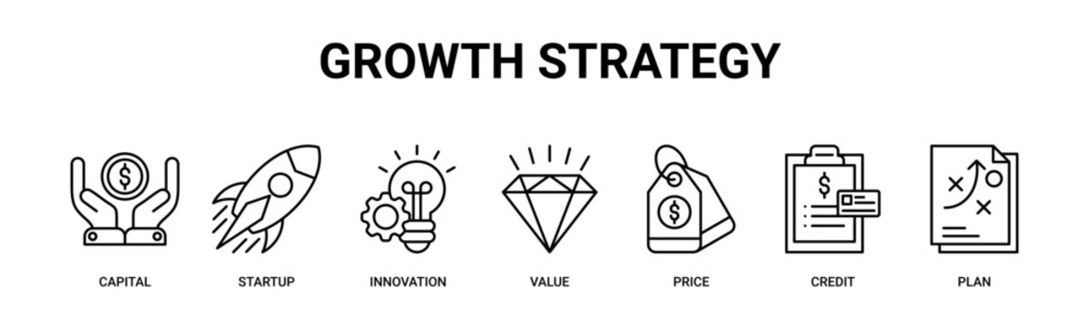 Growth Strategy web banner icon vector illustration concept with icons of capital, startup, innovation, value, price, credit, plan.