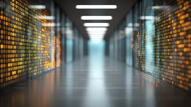A futuristic corridor illuminated with digital data displays, a tech-driven atmosphere, blurred AI binary screen wall