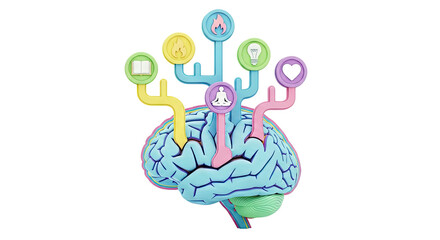 Fototapeta premium Brain with Icons Representing Learning, Emotions, and Ideas