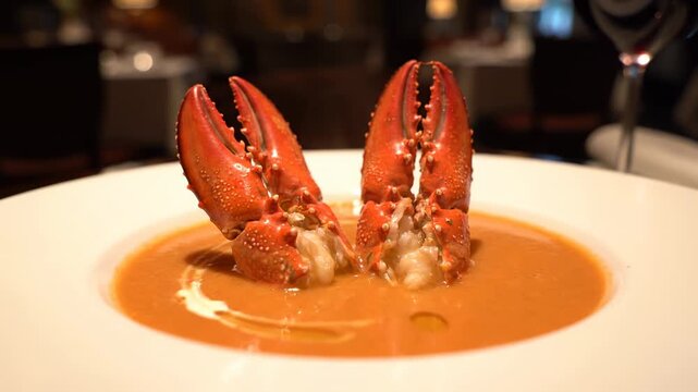 A gourmet seafood soup features two lobster claws emerging from a creamy, orange broth in a white bowl, restaurant setting