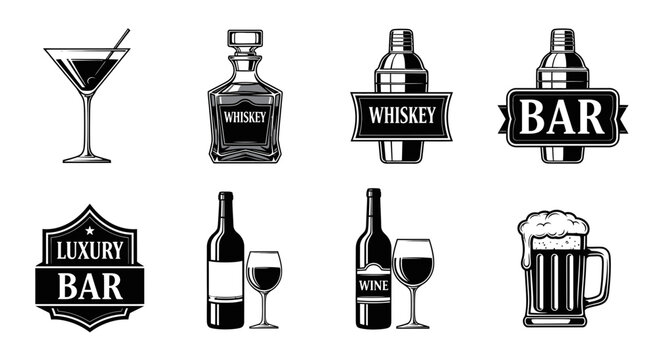 Classic Bar Drinks and Alcohol Beverage Icons Collection Vintage Style Labels