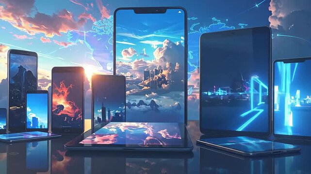 Various generic smartphones and tablets are displayed against a world map background, showcasing global connectivity