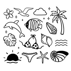 Beach summer doodles vector line art illustration set