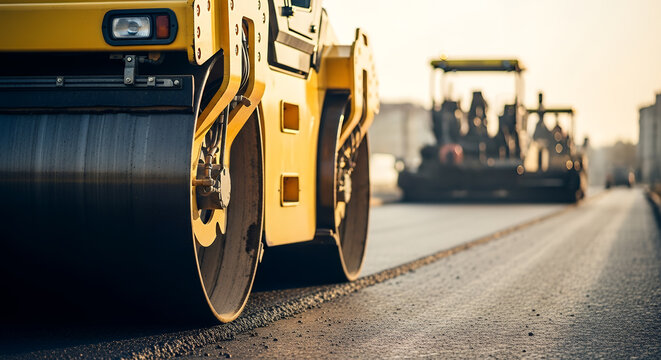 Heavy machinery working on road construction site with steam roller and asphalt layer