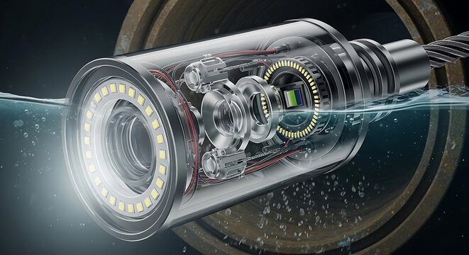 Waterproof inspection camera probe with LED lights operates submerged in pipe.
