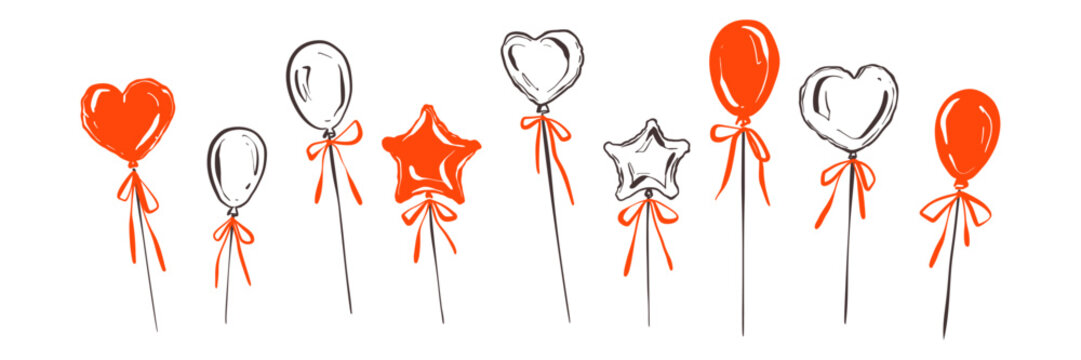 Set of hand drawn doodle happy birthday balloons. Heart, star shape foil balloon with coquettish ribbon bow. Valentines Day, wedding, carnival bachelorette girly sketch outline horizontal background