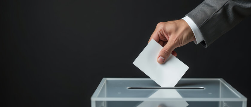 Casting vote transparent ballot box symbolizes civic duty and democracy. hand suit represents professionalism and engagement electoral process