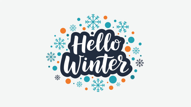 Cheerful 'Hello Winter' calligraphy message surrounded by a festive wreath of colorful blue and orange snowflakes.