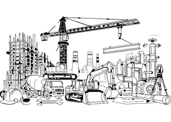 Fototapeta premium Detailed urban construction site illustration featuring cranes excavators and building structures in line art style for educational coloring activities and industrial development concept art.