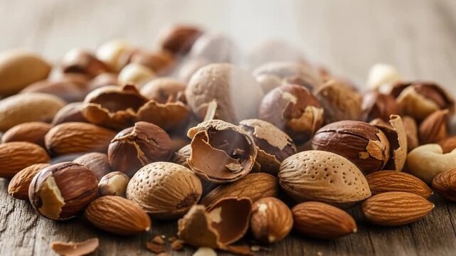 A pile of mixed nuts including almonds and hazelnuts is steaming on a wooden surface, creating a warm and inviting