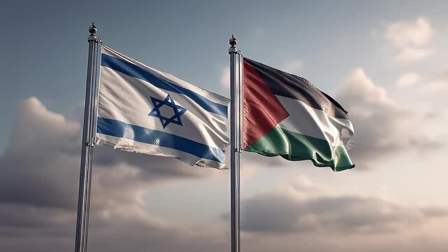 Israeli and Palestinian flags waving side by side at sunset
