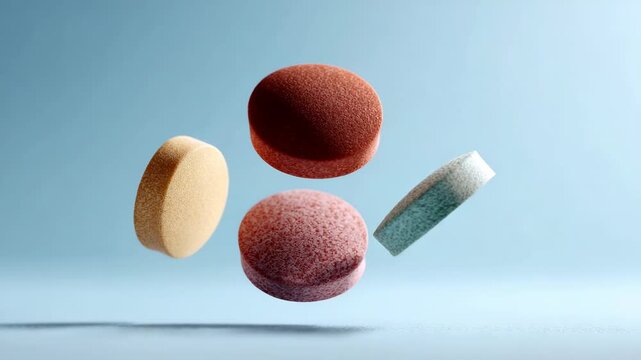 Assorted colorful vitamin pills and nutritional supplements floating and rotating in the air against a clean, light blue background, representing health, wellness, and pharmaceutical science
