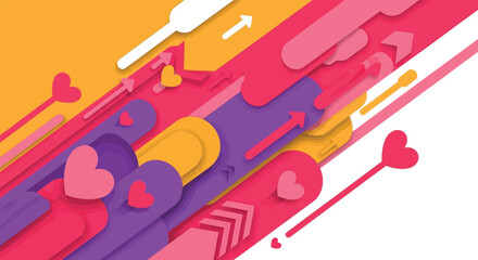 A vibrant and colorful graphic design featuring hearts and arrows on a white background