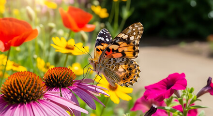 Obraz premium Beautiful butterfly on vibrant flowers in a sunny garden
