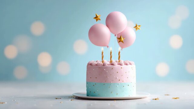 Beautifully decorated pink and blue birthday cake with three lit candles and whimsical pink balloons floating above, set against a soft blue background with festive bokeh lights