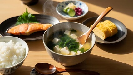 Traditional Japanese breakfast with salmon, miso soup, rice and side dishes on wooden table