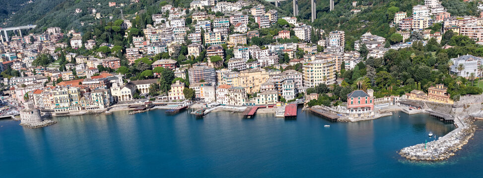 Drone view of the coast at Rapallo on Liguria, Italy
