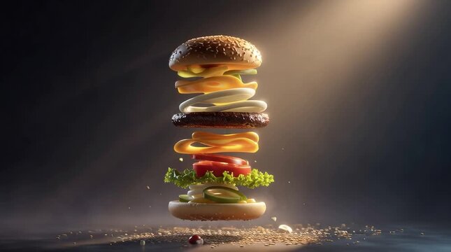Cinematic Deconstructed Burger Ingredients Floating on Dark Background