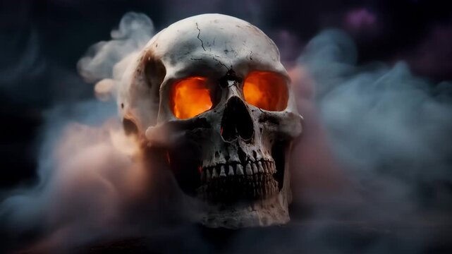 Burning human skull with glowing orange eyes surrounded by smoke on dark background with dramatic contrast lighting. Concept of danger mortality and dark fantasy