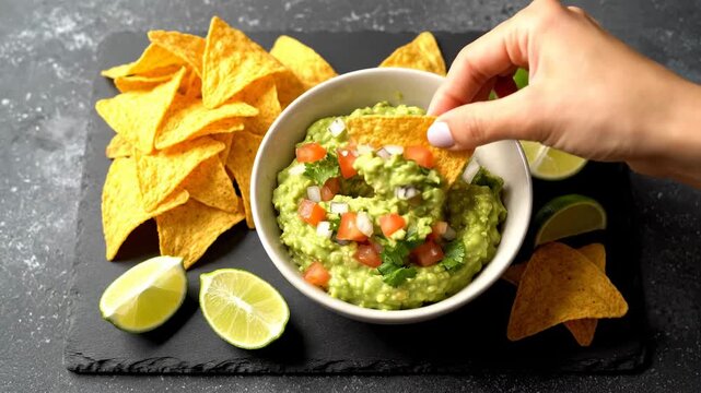A hand dips a chip into a bowl of guacamole surrounded by chips and lime slices on black slate