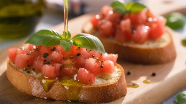 Tomato Bruschetta with Olive Oil Drizzle and Fresh Basil