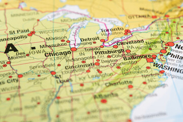 Close-up view of a map showing major cities in the Midwestern and Eastern United States