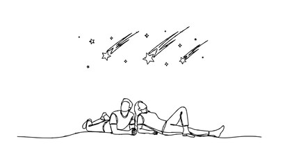 Minimal line couple stargazing with falling stars vector illustration © MD