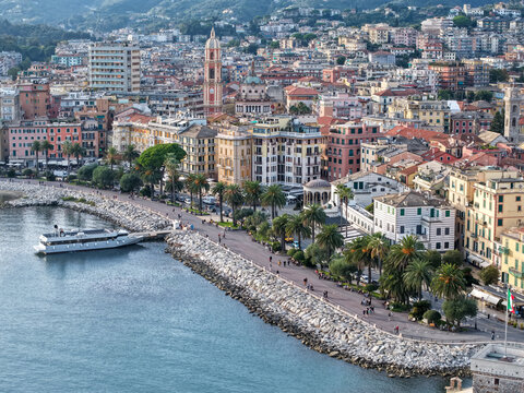 Drone view of the coast at Rapallo on Liguria, Italy